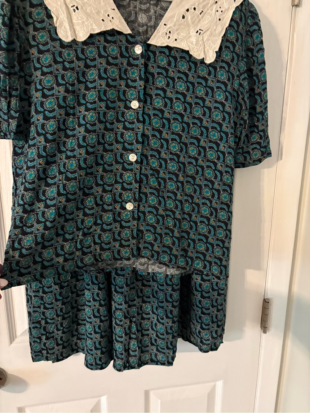 90s Vintage 2 Piece Skirt Set Eyelet Collar Rayon Made in USA L - Picture 4 of 10